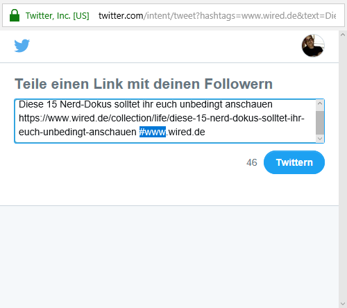 Screenshot: Hashtag mit Punkten bei der deutschen "WIRED"