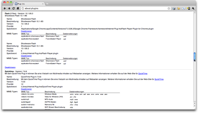 Google Chrome mit about:plugins Screenshot