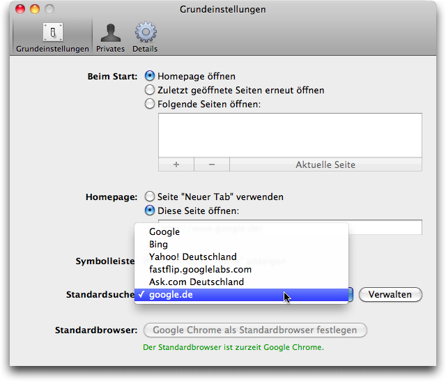Google Chrome Voreinstellungen Standardsuche