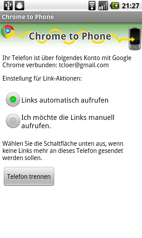 Chrome2Phone Android-App Screenshot