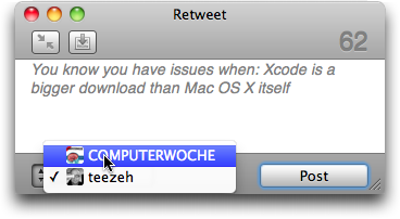 Kiwi Retweet-Fenster mit Account-Auswahl
