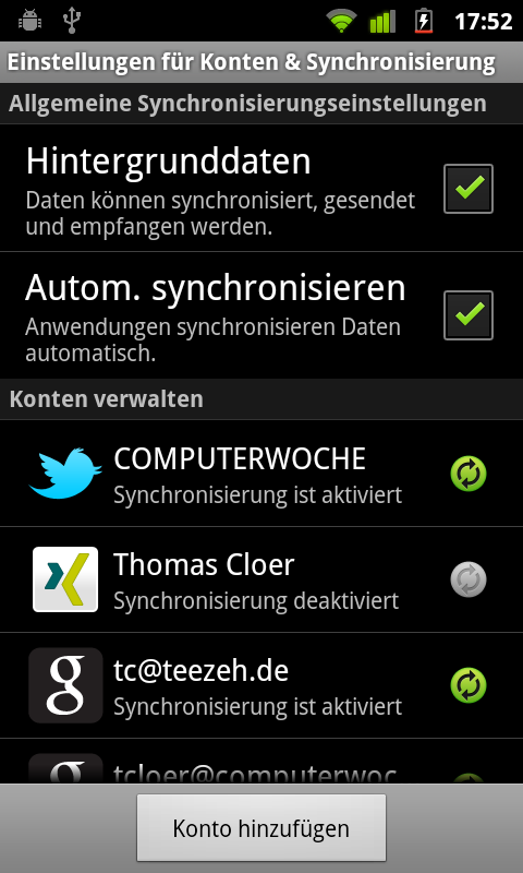 XING - Einstellungen Konten und Synchronisierung