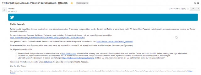 Twitter-Email zum Passwort-Reset