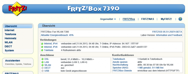 Fritz!Box Übersicht mit Entertain IP