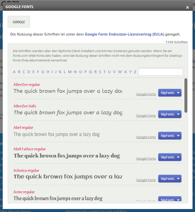 fonts.com Google Fonts Auswahl Screenshot