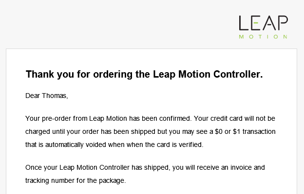 Leap Motion Bestellbestätigung