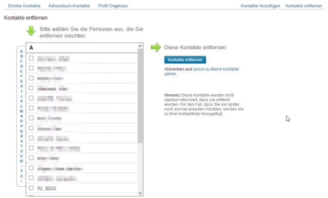 LinkedIn Kontakte entfernen Auswahlbildschirm
