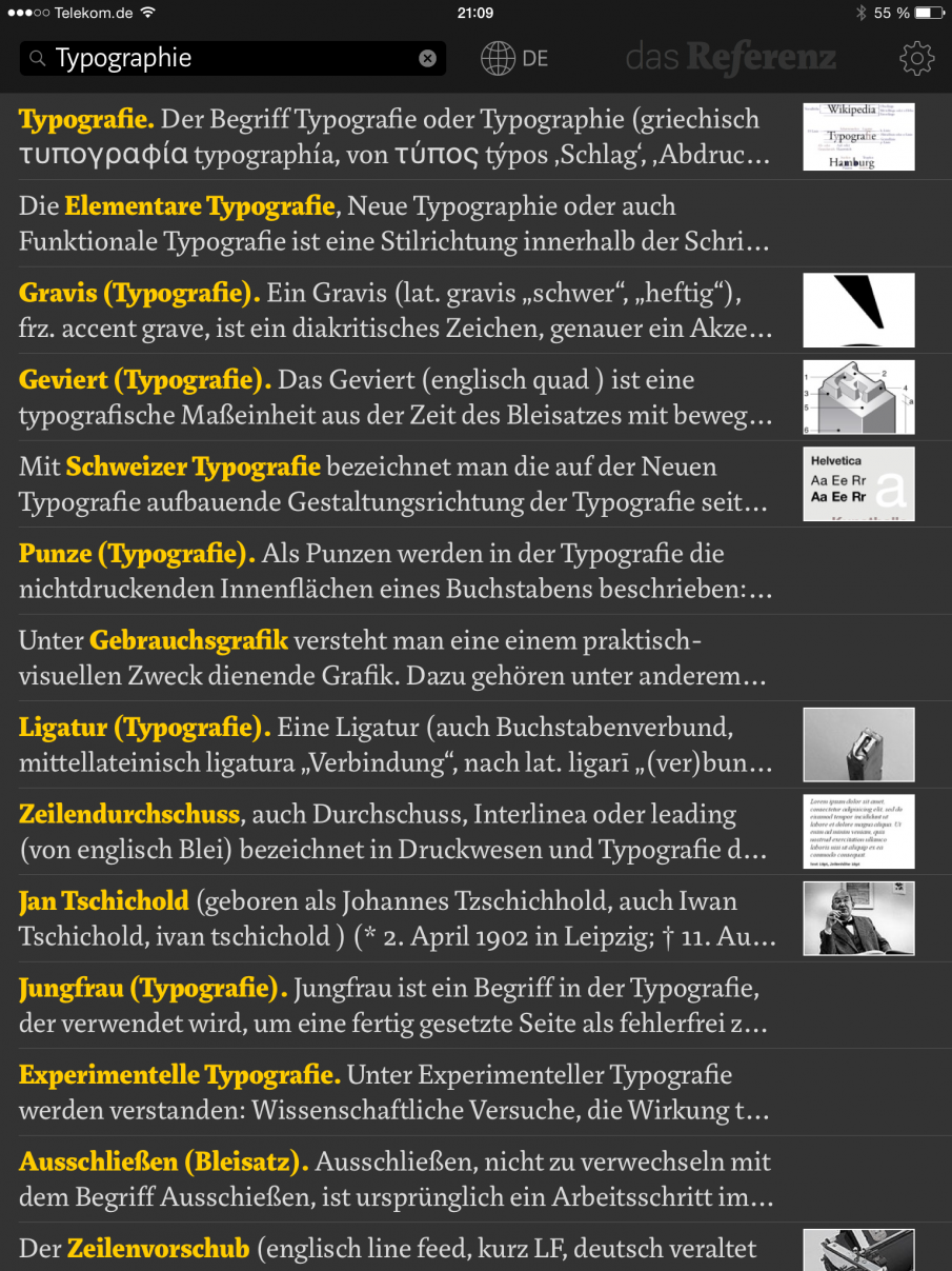 Das Referenz mit Trefferliste zu Typographie