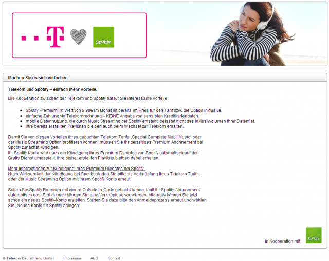 Telekom-Spotify Infoseite Screenshot