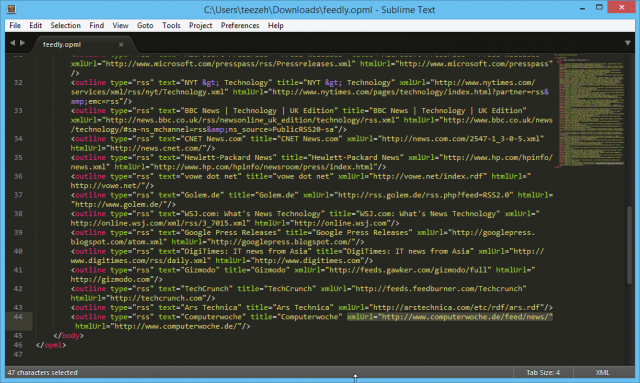 feedly.opml in Sublime Text