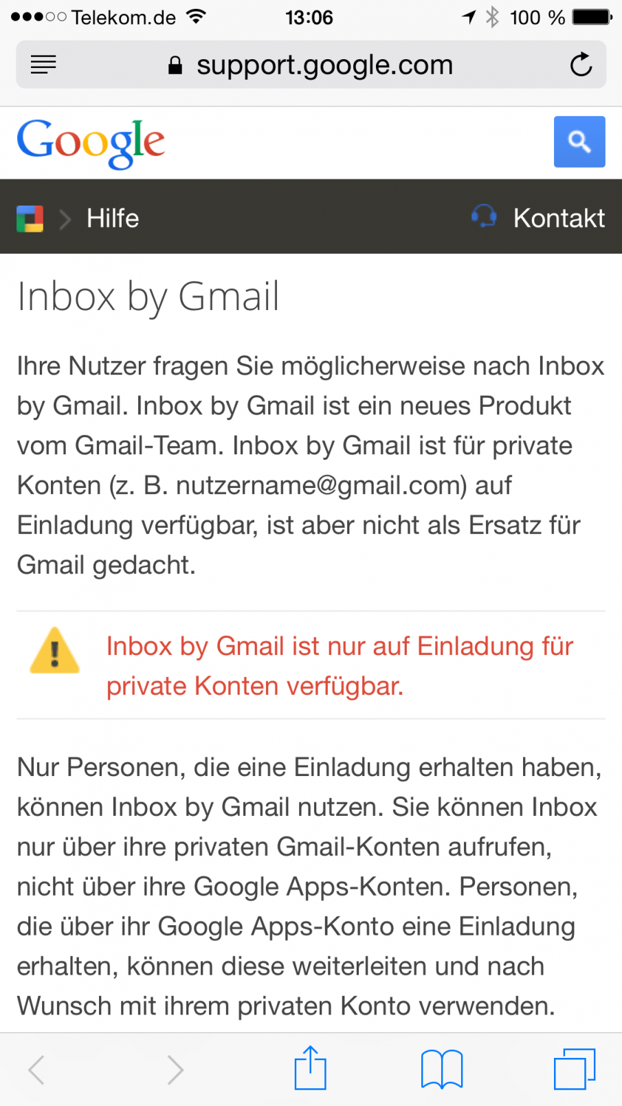 Inbox by Gmail ist nur für persönliche Gmail-Konten verfügbar, Screenshot