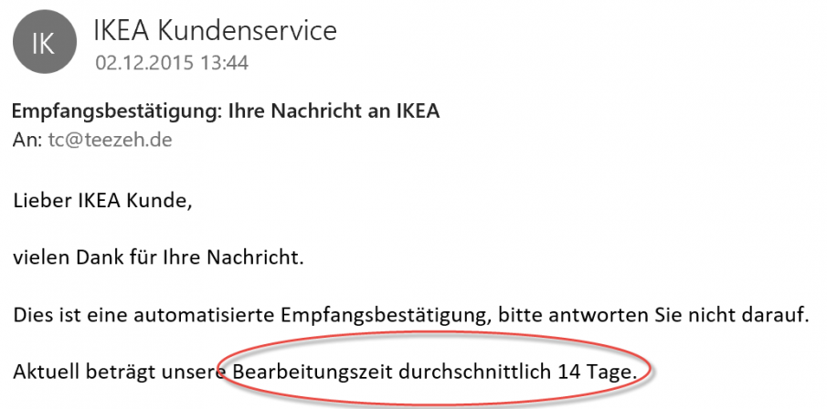 IKEA E-Mail Bearbeitungszeit