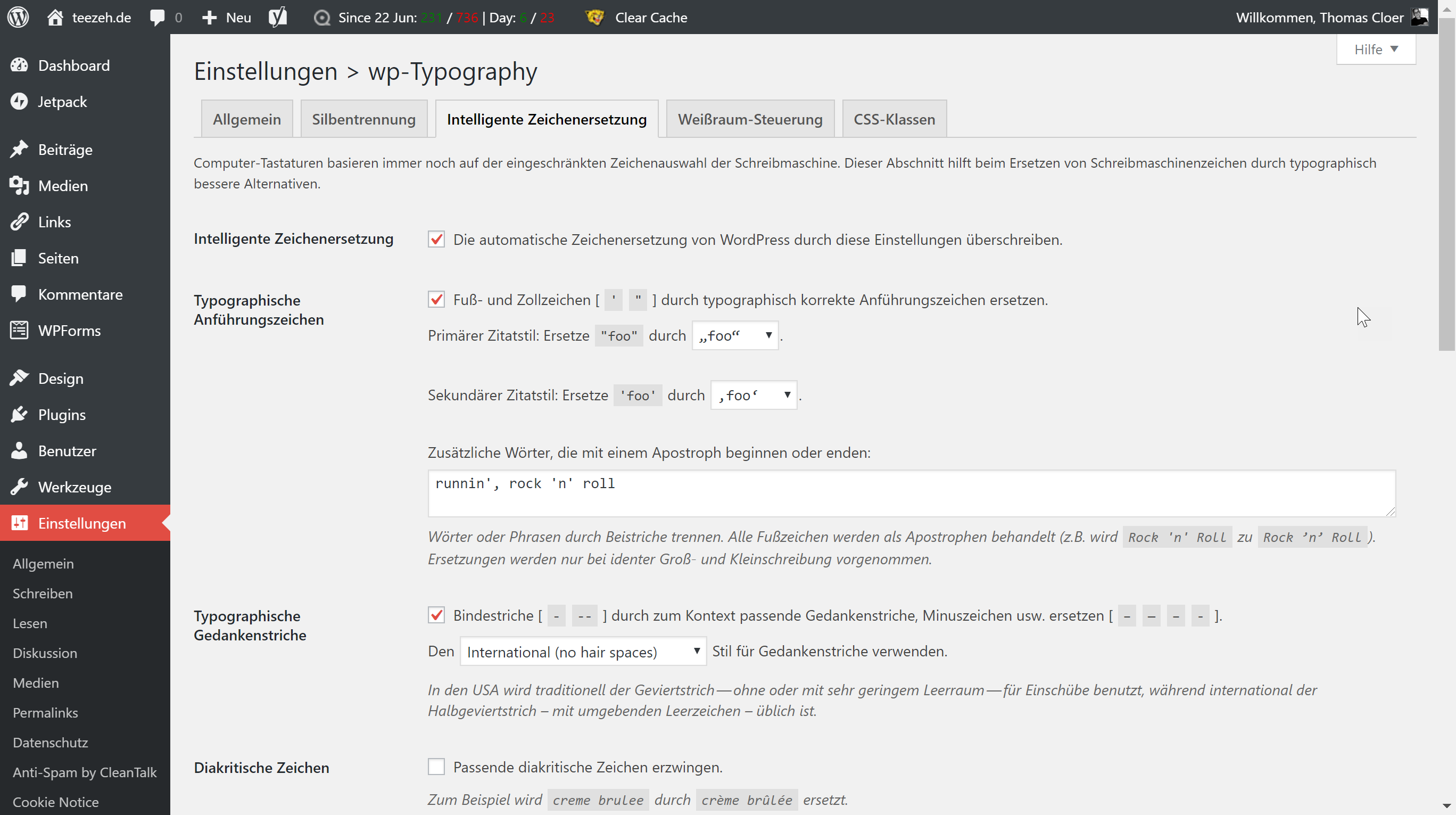 wp-Typography, Einstellungen, Screenshot
