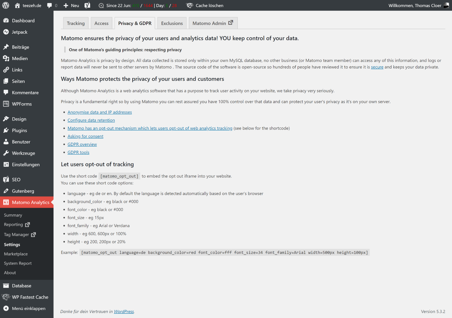 Matomo GDPR settings in WP Admin, screenshot