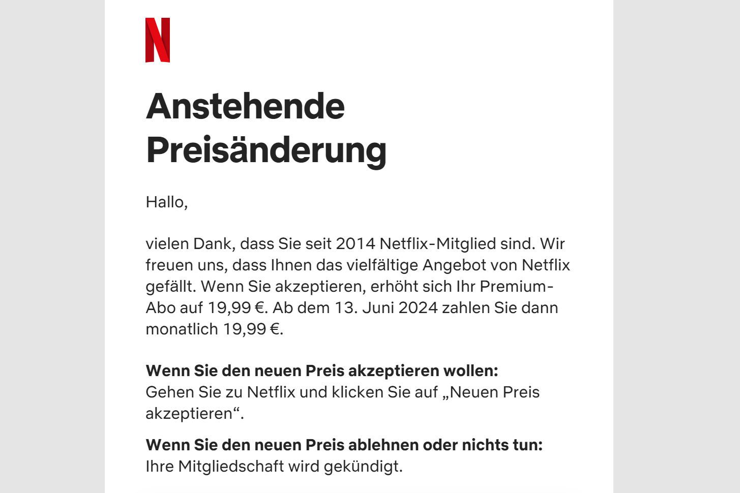 Screenshot der Netflxi-E-Mail vom 13.05.24 mit der Ankündigung einer Preiserhöhung